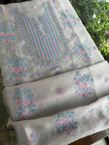 Dusty Lilac Multi Shade Organza Silk Chikankari Unstitched Fabric