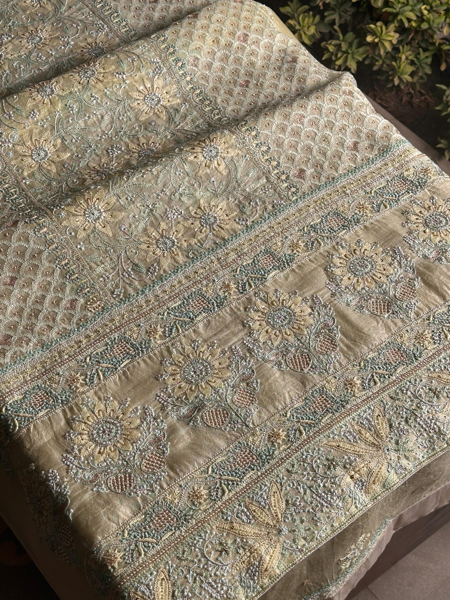 Lemon Shade Noor Banarasi Organza Chikankari Unstitched Fabric
