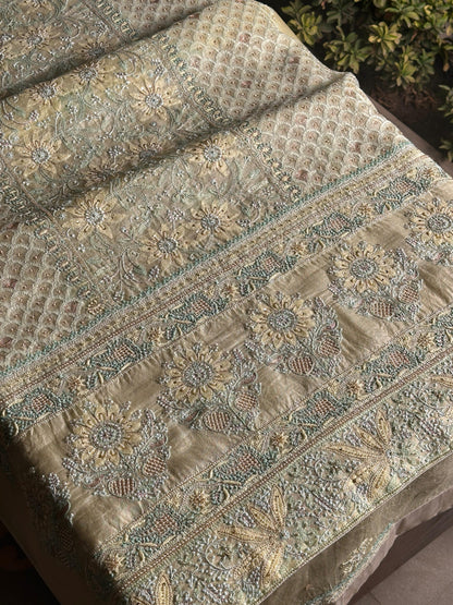 Lemon Shade Noor Banarasi Organza Chikankari Unstitched Fabric