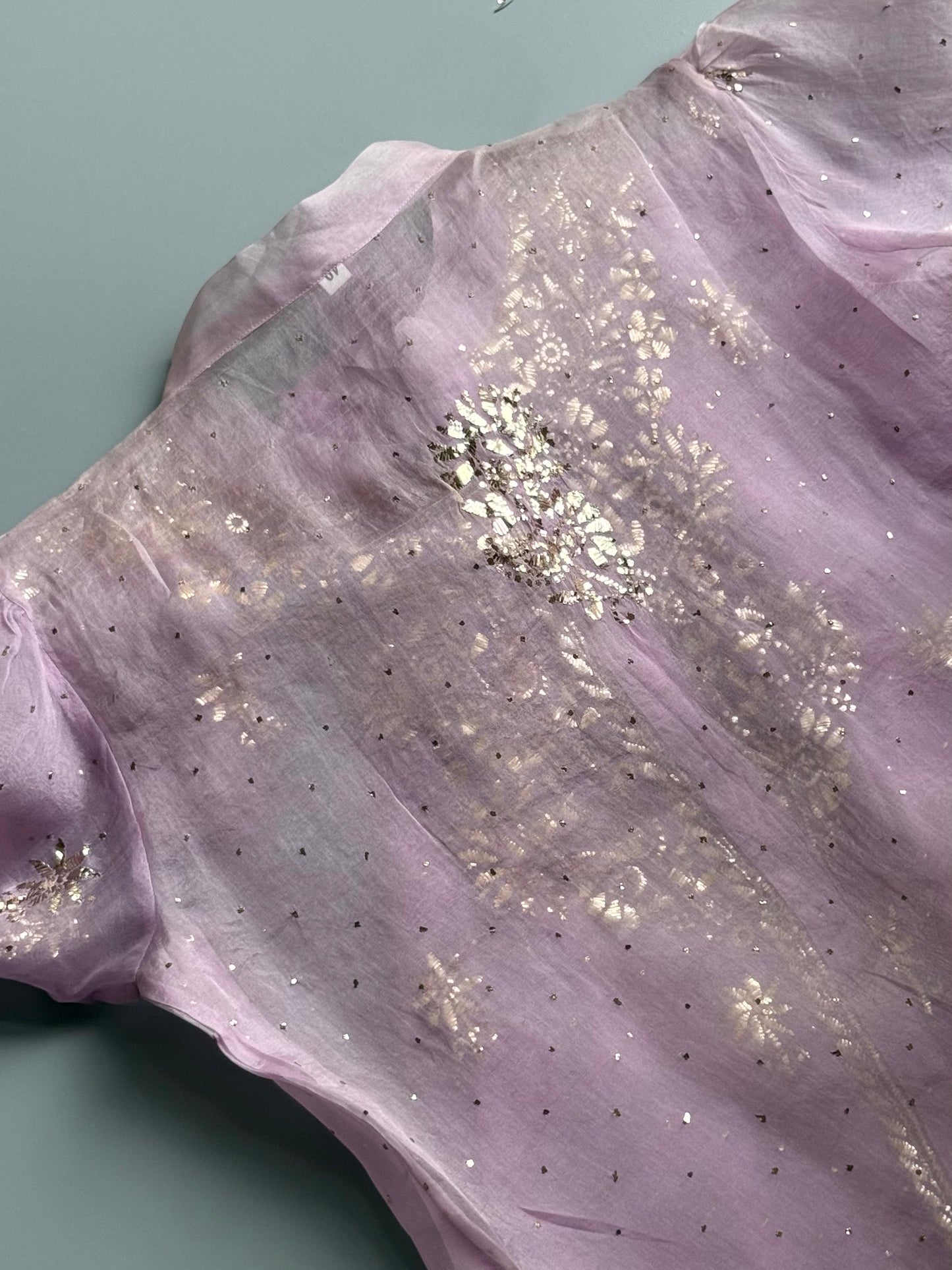 Lavender Noor Organza Mukaish Badla Short Top With Bow Tie