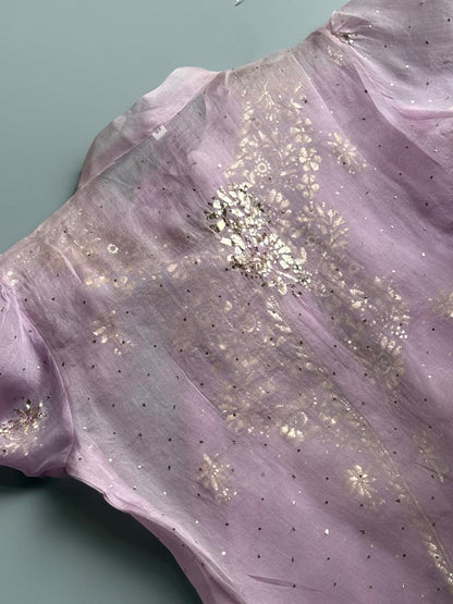 Lavender Noor Organza Mukaish Badla Short Top With Bow Tie