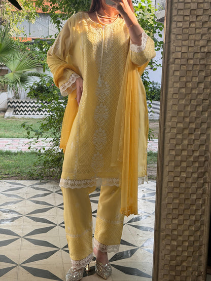 Yellow Shade Jacquard Loose Cut Chikankari Co-Ord Set