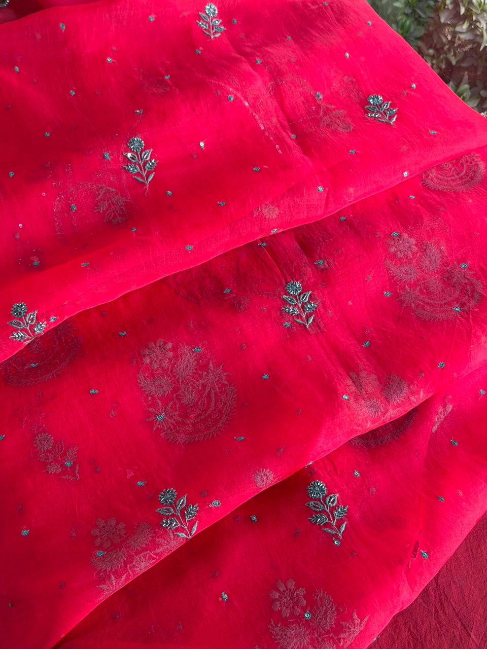 Watermelon Shade Noor Organza Silk Chikankari Unstitched Kurta Dupatta Set
