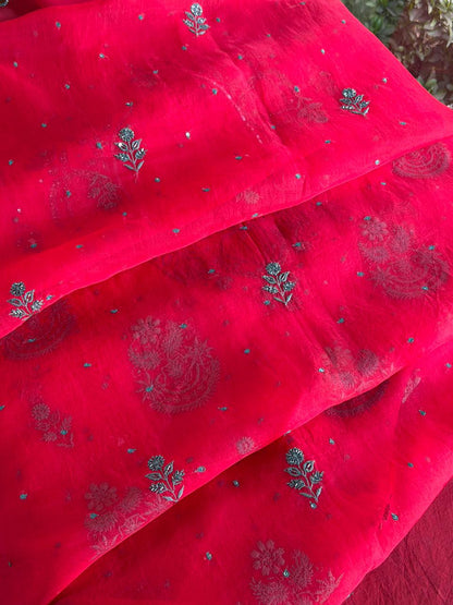 Watermelon Shade Noor Organza Silk Chikankari Unstitched Kurta Dupatta Set