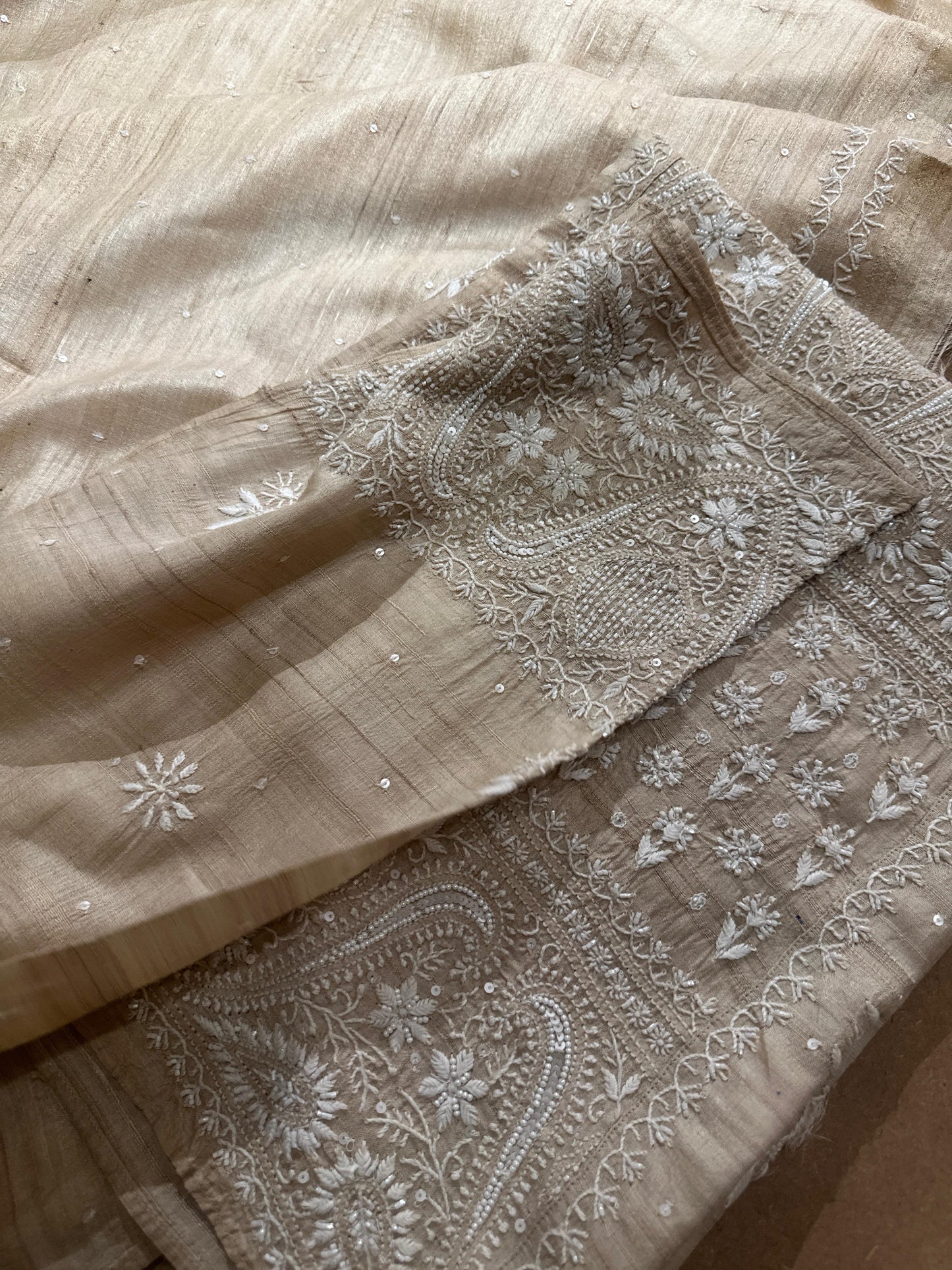 Semi Stitched Natural Shade Tussar Silk Chikankari Kurta Dupatta Sets