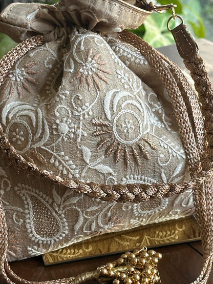 Natural Beige Raw Silk Chikankari Polti Bag
