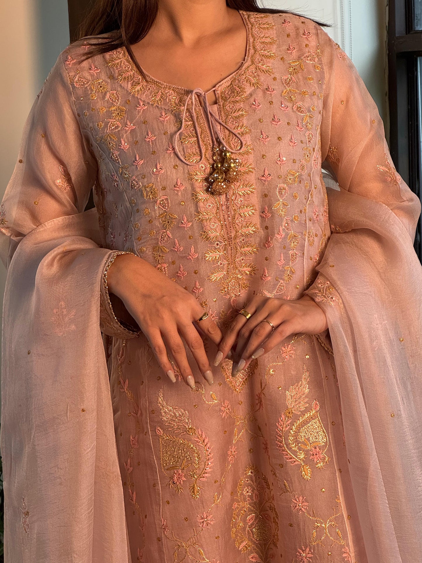 Dusty Peach Shade Noor Organza Chikankari Anarkali