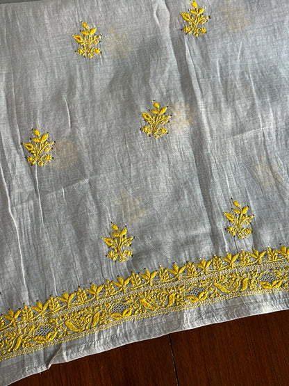 Grey Shade Mal Cotton Chikankari Unstitched Kurta Dupatta Fabric With Mukaish Badla