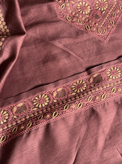 Wine Shade Moonga Silk Chikankari Men’s Kurta Fabric