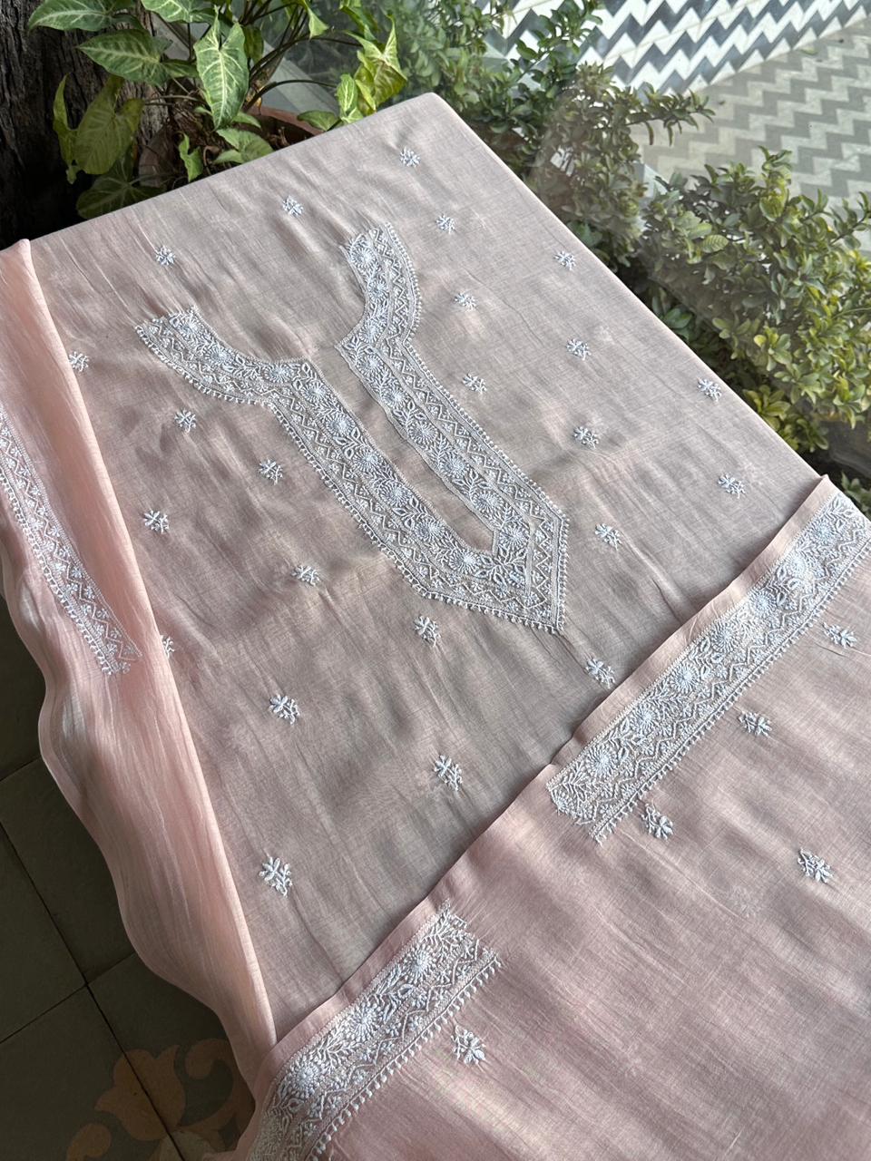 Pastel Peach Mulmul Chikankari Unstitched Men's Kurtas Fabric