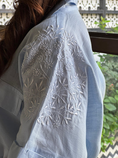 Powder Blue Linen Chikankari Safari Co-Ord Set