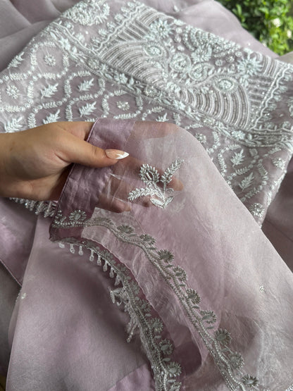 Old Lavender Shade Noor Banarasi Organza Chikankari Unstitched Fabric