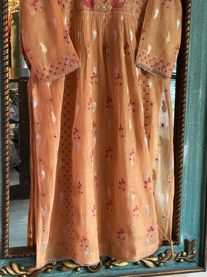 Orange Peach Shade Zari Chanderi Chikankari Ready to Wear Tunics