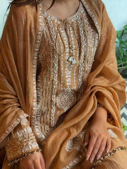 Crush Mul Heavy Chikankari Yoke Kurta Set