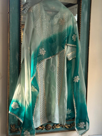 Sea Green & Teal Shade Chanderi Daraz Applique Chikankari Mukaish Kurta Dupatta Set