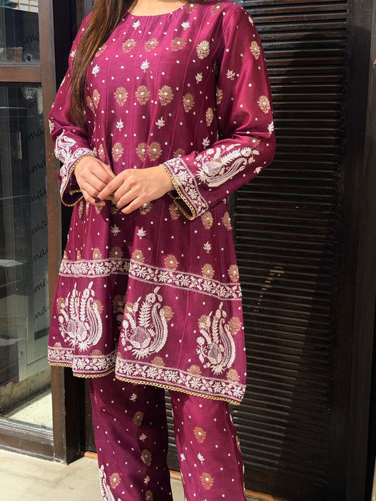 Plum Purple Zari Chanderi Chikankari Co-Ord Set