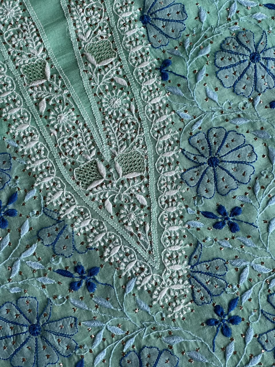 Blue Noor Organza Silk Chikankari With Kamdani Fabric