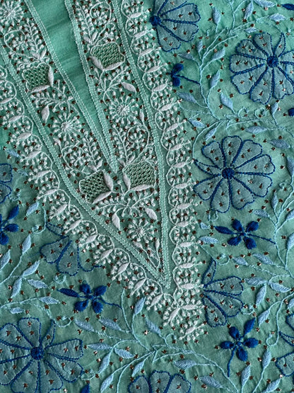 Blue Noor Organza Silk Chikankari With Kamdani Fabric