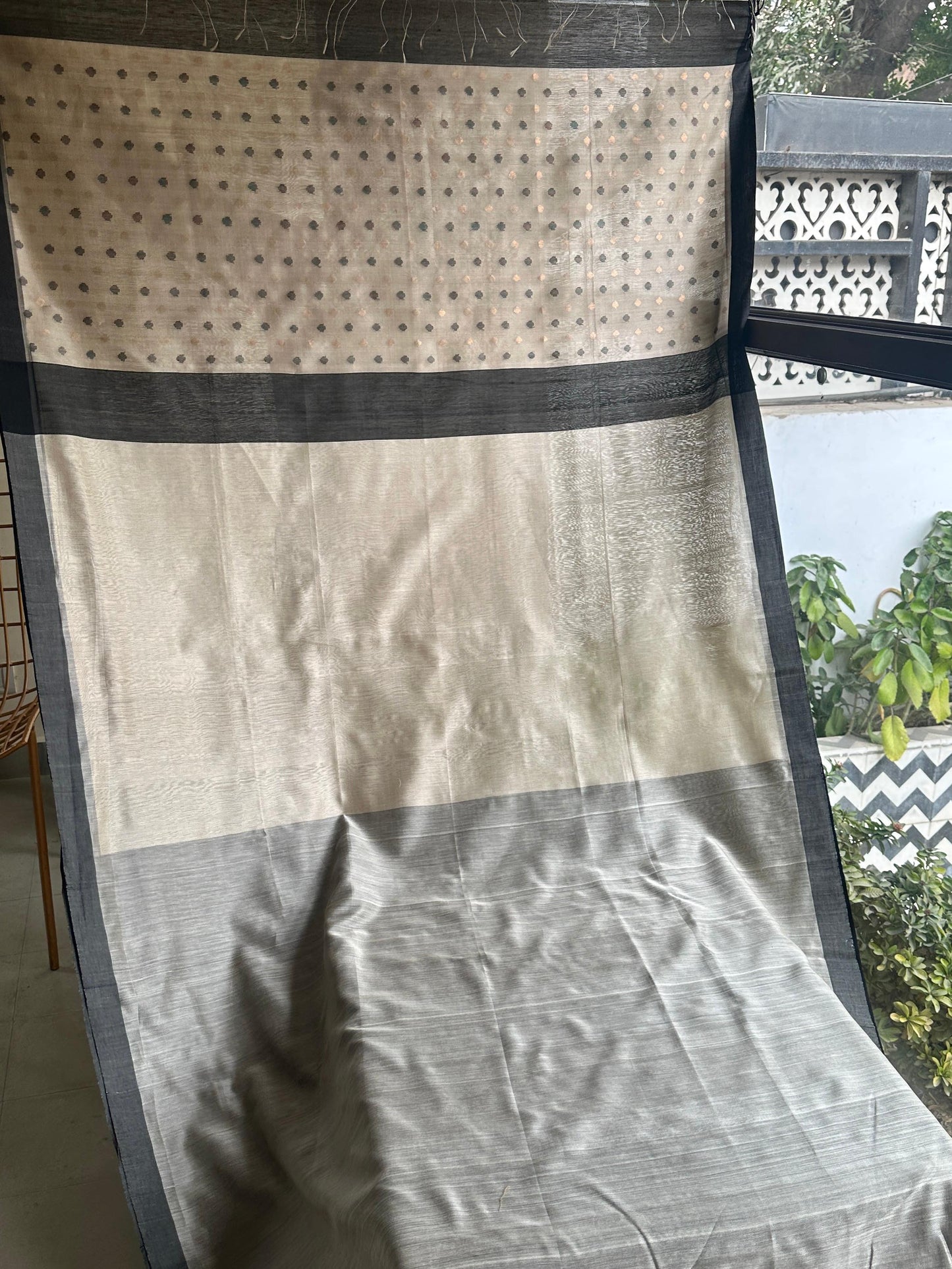 Grey Woven Butta Saree with Contrast Black Border