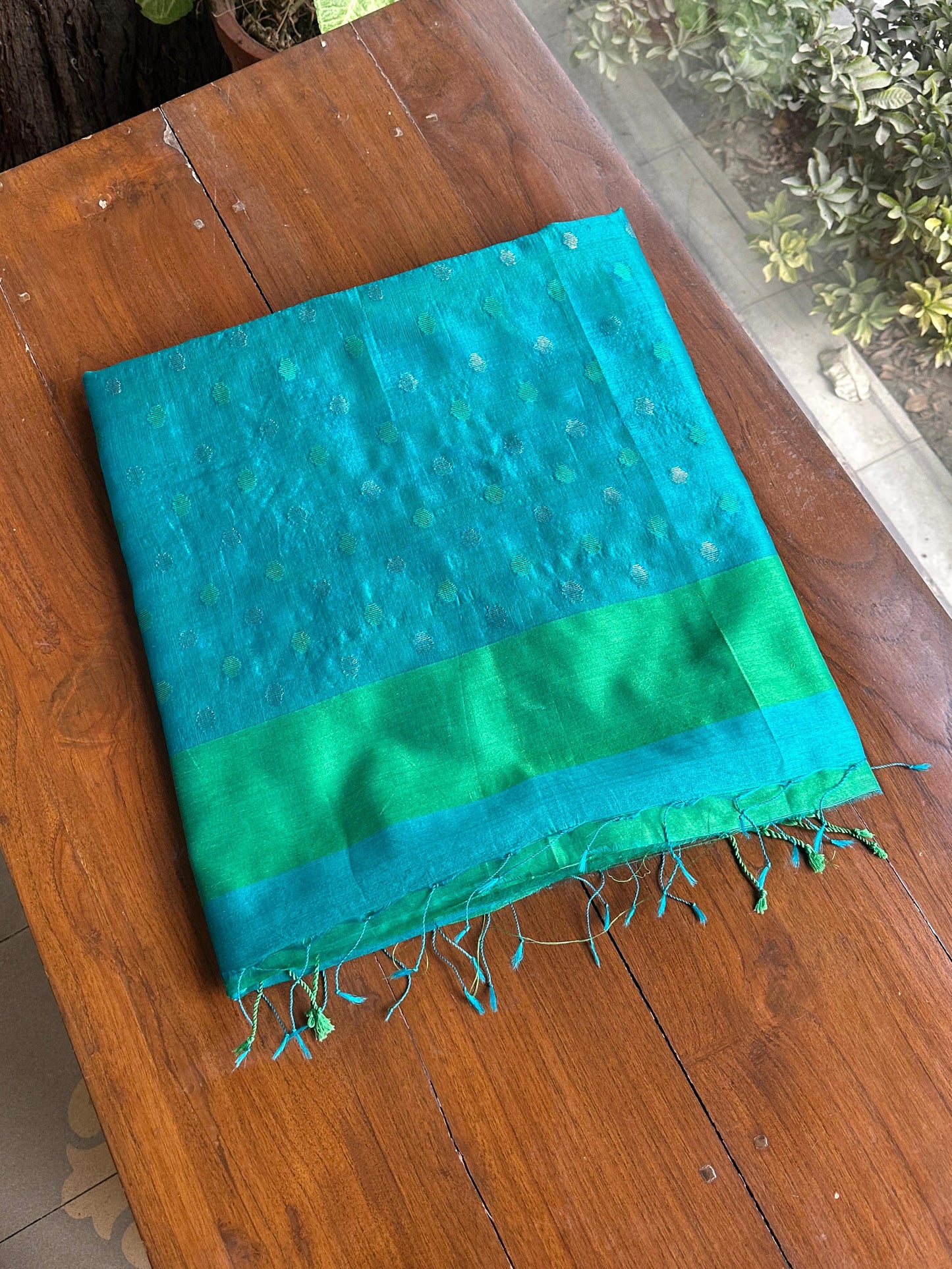 Blue Woven Butta Saree with Contrast Green Border