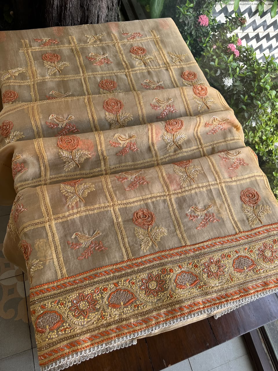 Dark Beige Organza Banarasi Silk Chikankari Unstitched Kurta Dupatta Set