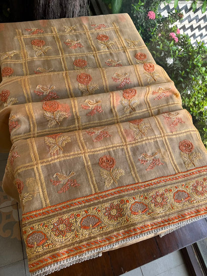 Dark Beige Organza Banarasi Silk Chikankari Unstitched Kurta Dupatta Set