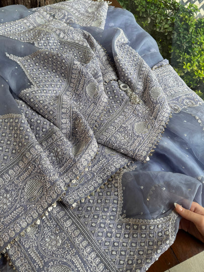 Noor Mauve Blue Chikankari Saree With Blouse