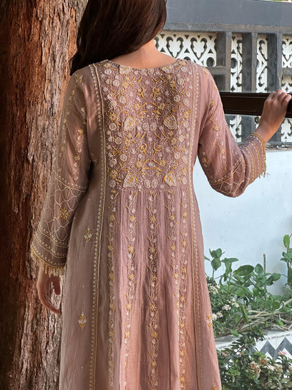 Mauve Shade Malmal Pearl Work Chikankari Kalidar Kurta Set