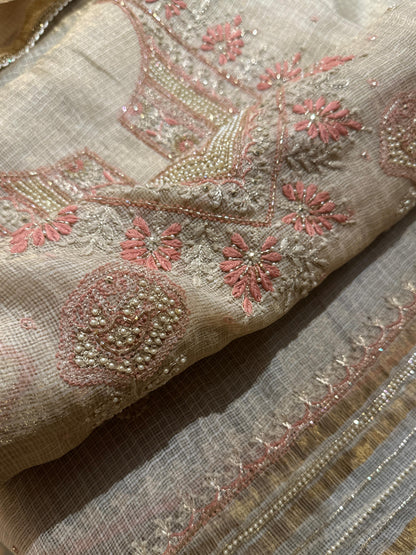 Beige Peach Tissue Kota Chikankari Unstitched Fabric