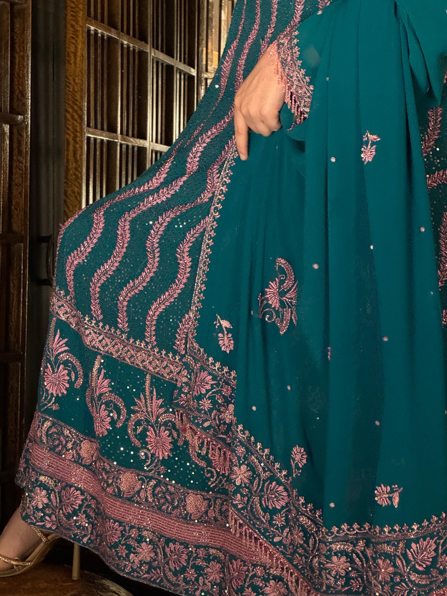 Prussian Blue Sequinned Georgette Chikankari Anarkali