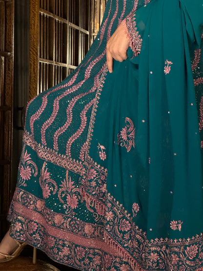 Prussian Blue Sequinned Georgette Chikankari Anarkali