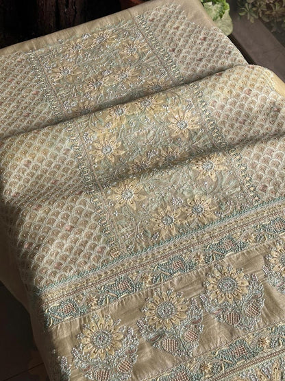 Lemon Shade Noor Banarasi Organza Chikankari Unstitched Fabric