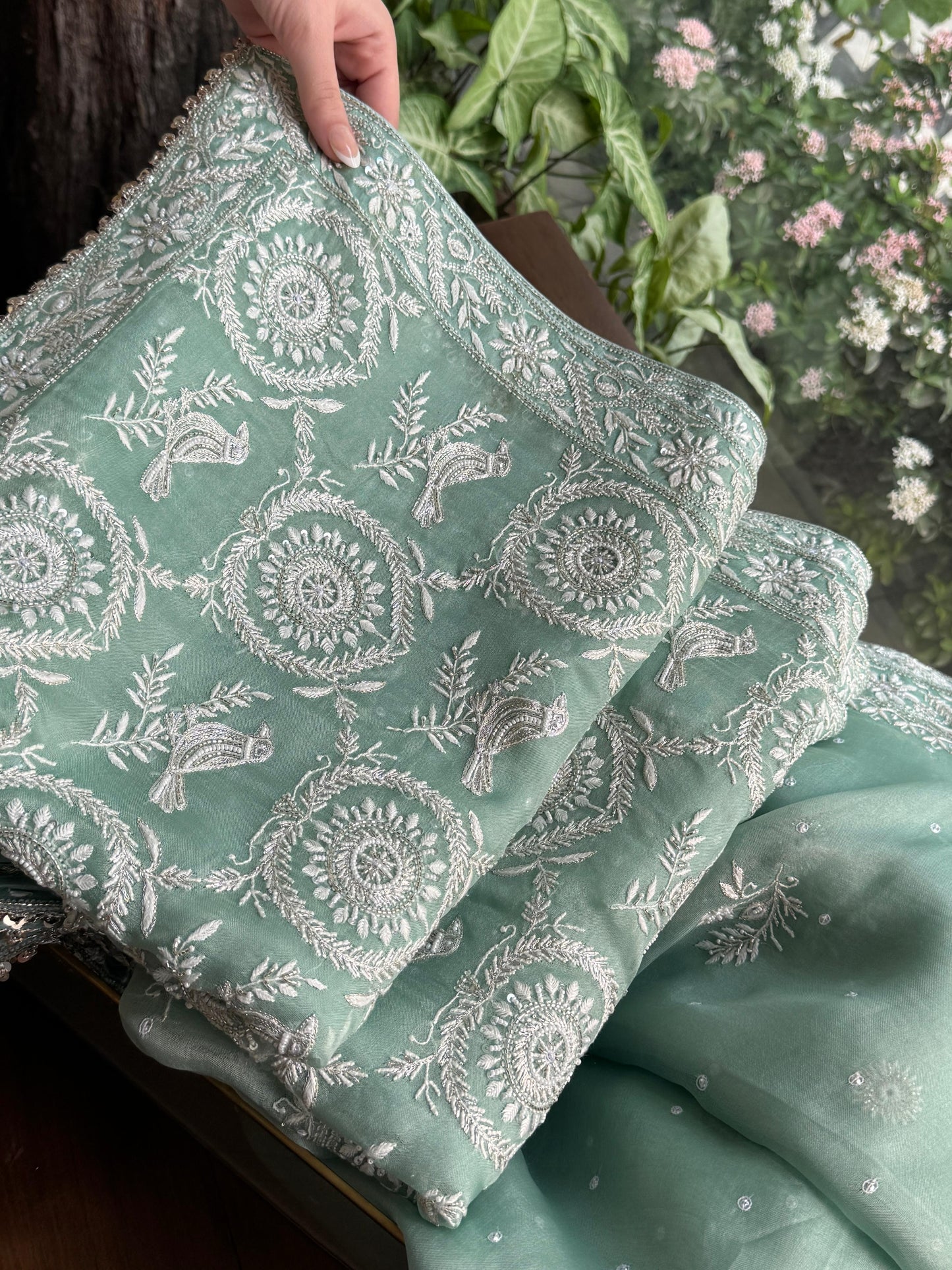 Mint Green Sparrow Motif Noor Organza Chikankari Saree With Blouse