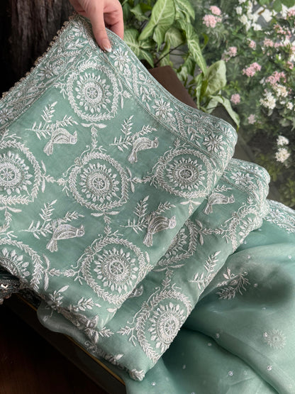 Mint Green Sparrow Motif Noor Organza Chikankari Saree With Blouse