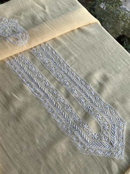 Yellow Mulmul Chikankari Unstitched Men's Kurtas Fabric