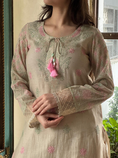 Nude Beige Shade Mul Chanderi Chikankari Farshi Sets