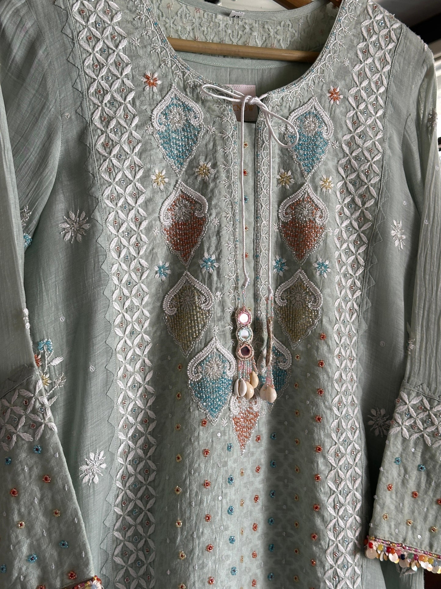 Mint Green Shade Jacquard Sequins Chikankari Kurta Set