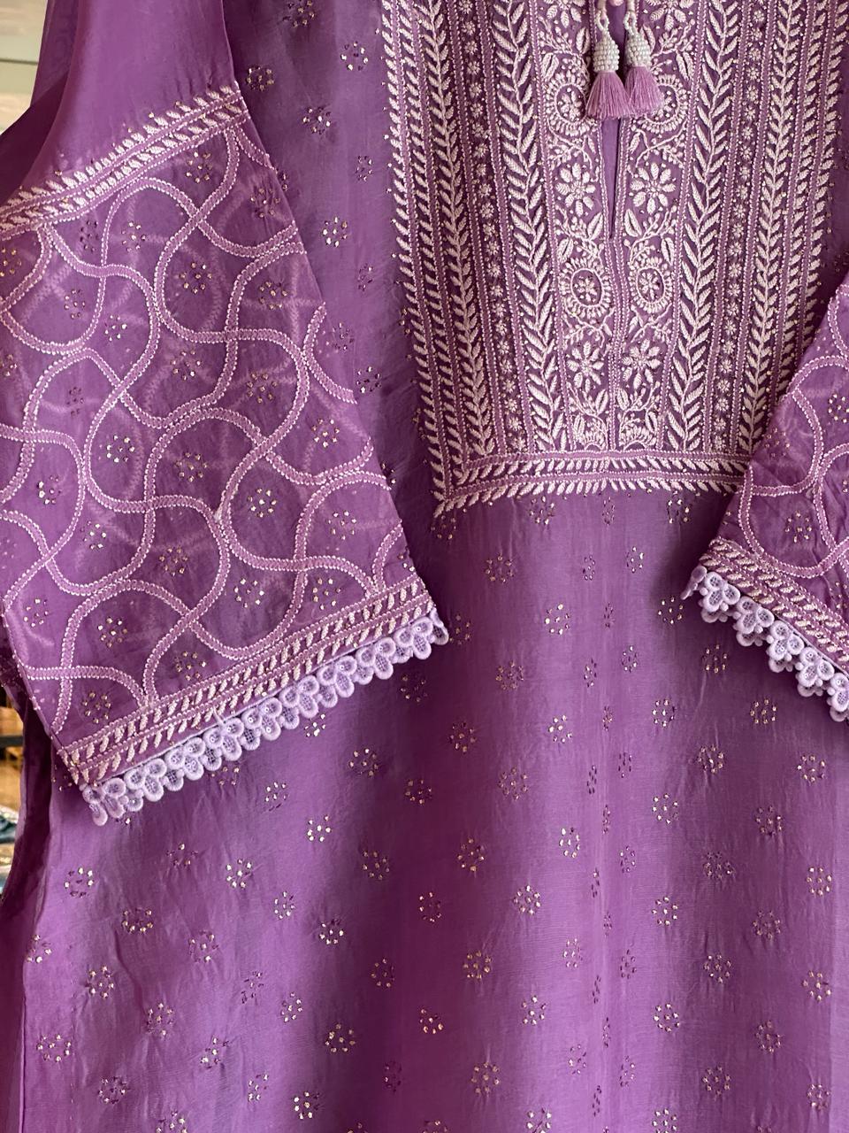 Deep Purple Kosha Mukaish Kamdani Noor Organza Kurta Set