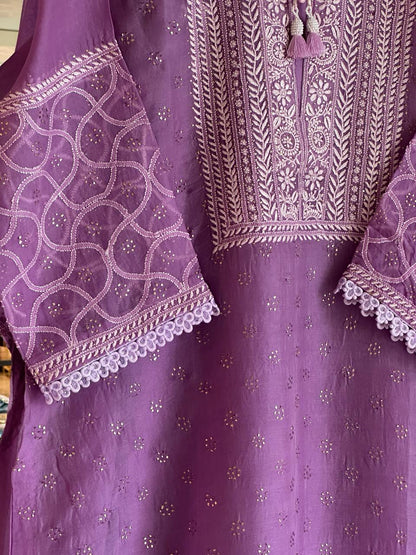 Deep Purple Kosha Mukaish Kamdani Noor Organza Kurta Set