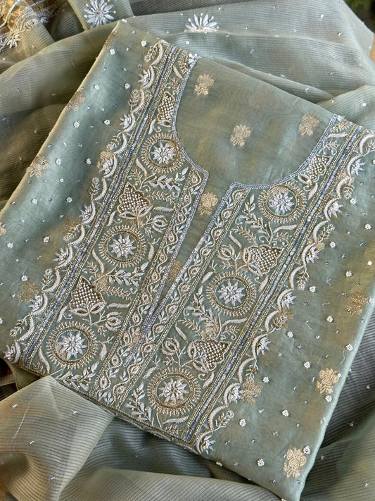 Sage Green Shade Banarasi Zari Chanderi Unstitched Chikankari Fabric