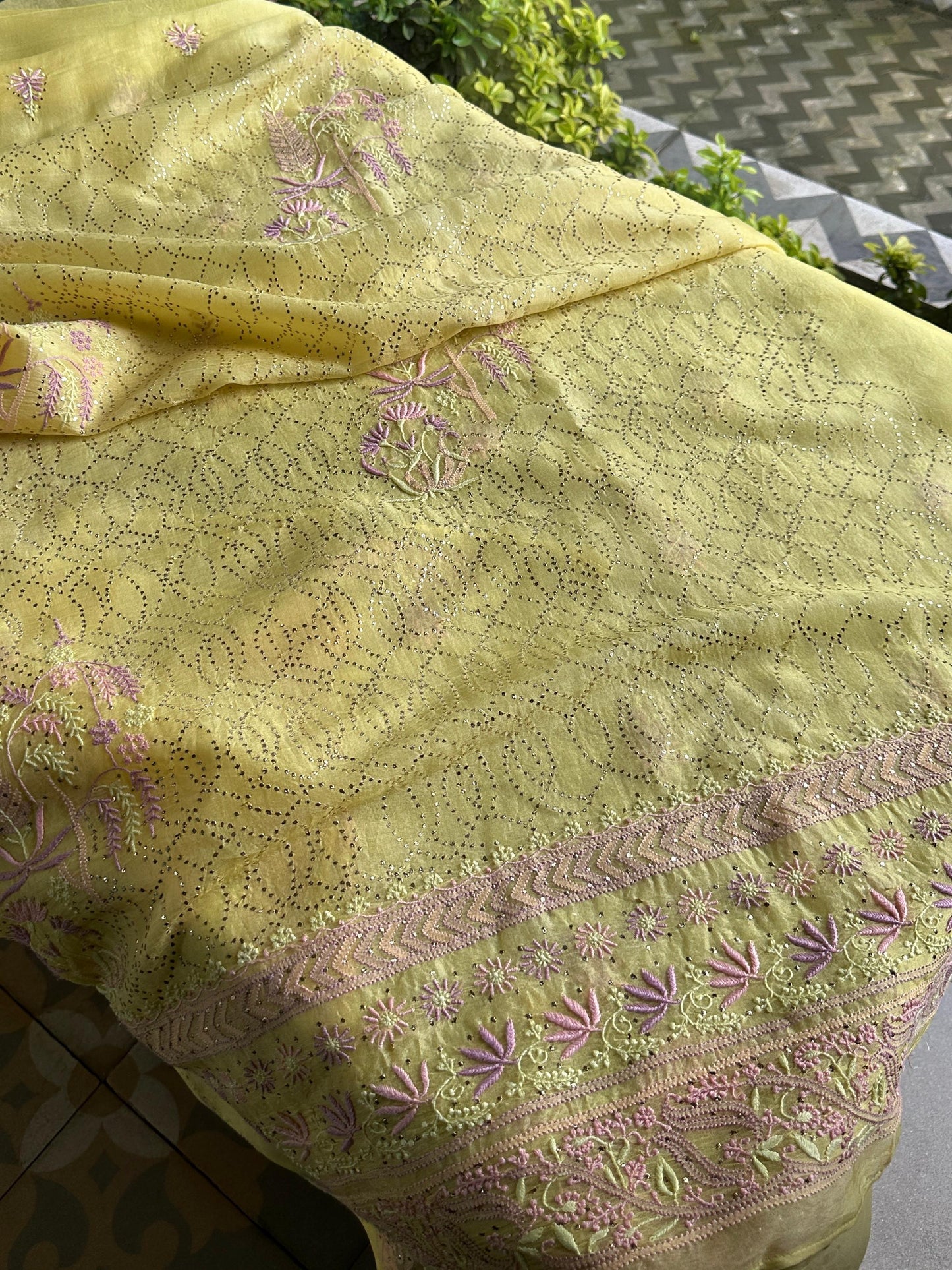Pineapple Yellow | Noor Organza Silk Chikankari With Kamdani Fabric