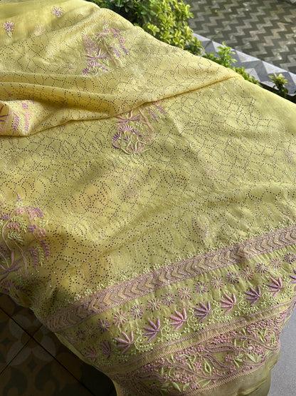 Pineapple Yellow | Noor Organza Silk Chikankari With Kamdani Fabric