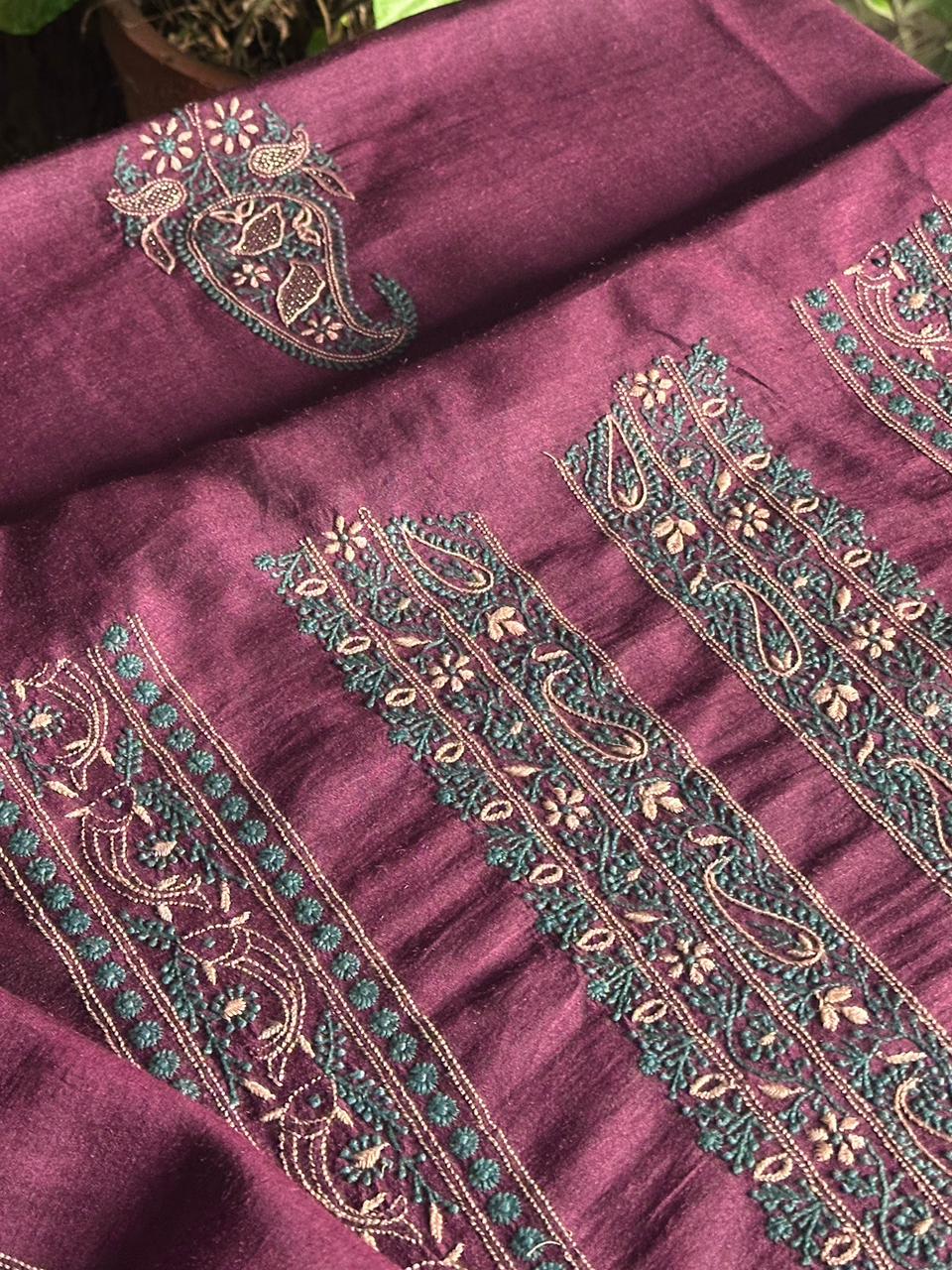 Wine Shade Moonga Silk Chikankari Men’s Kurta Fabric