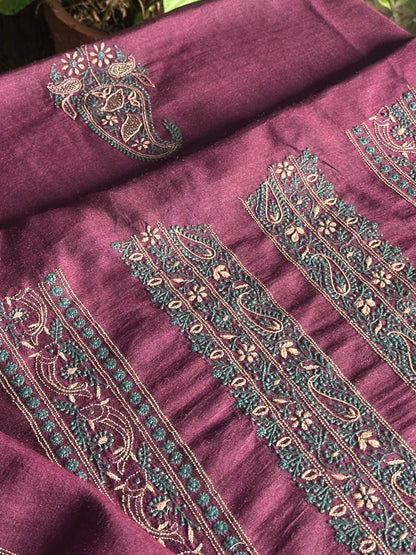 Wine Shade Moonga Silk Chikankari Men’s Kurta Fabric