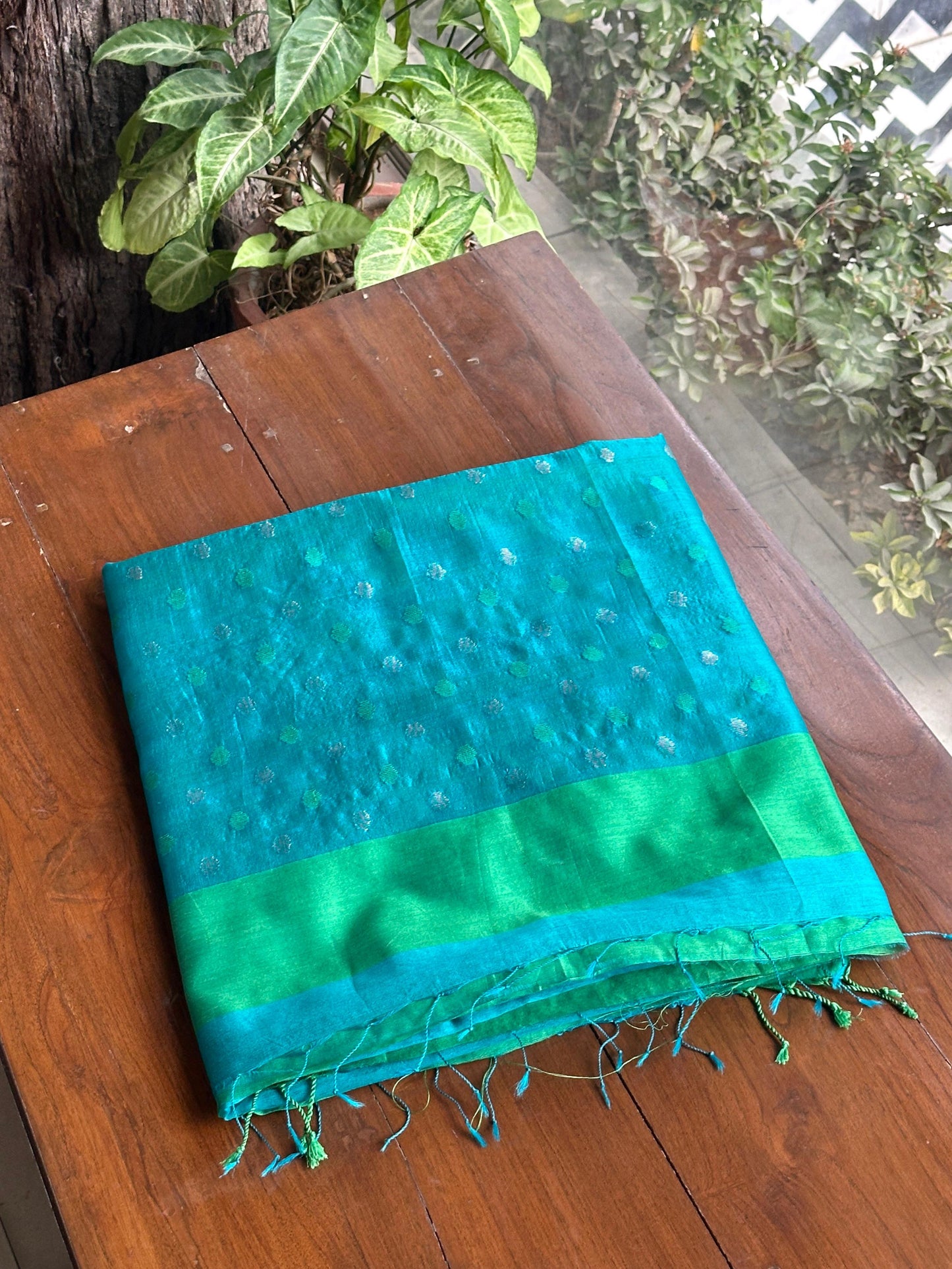 Blue Woven Butta Saree with Contrast Green Border