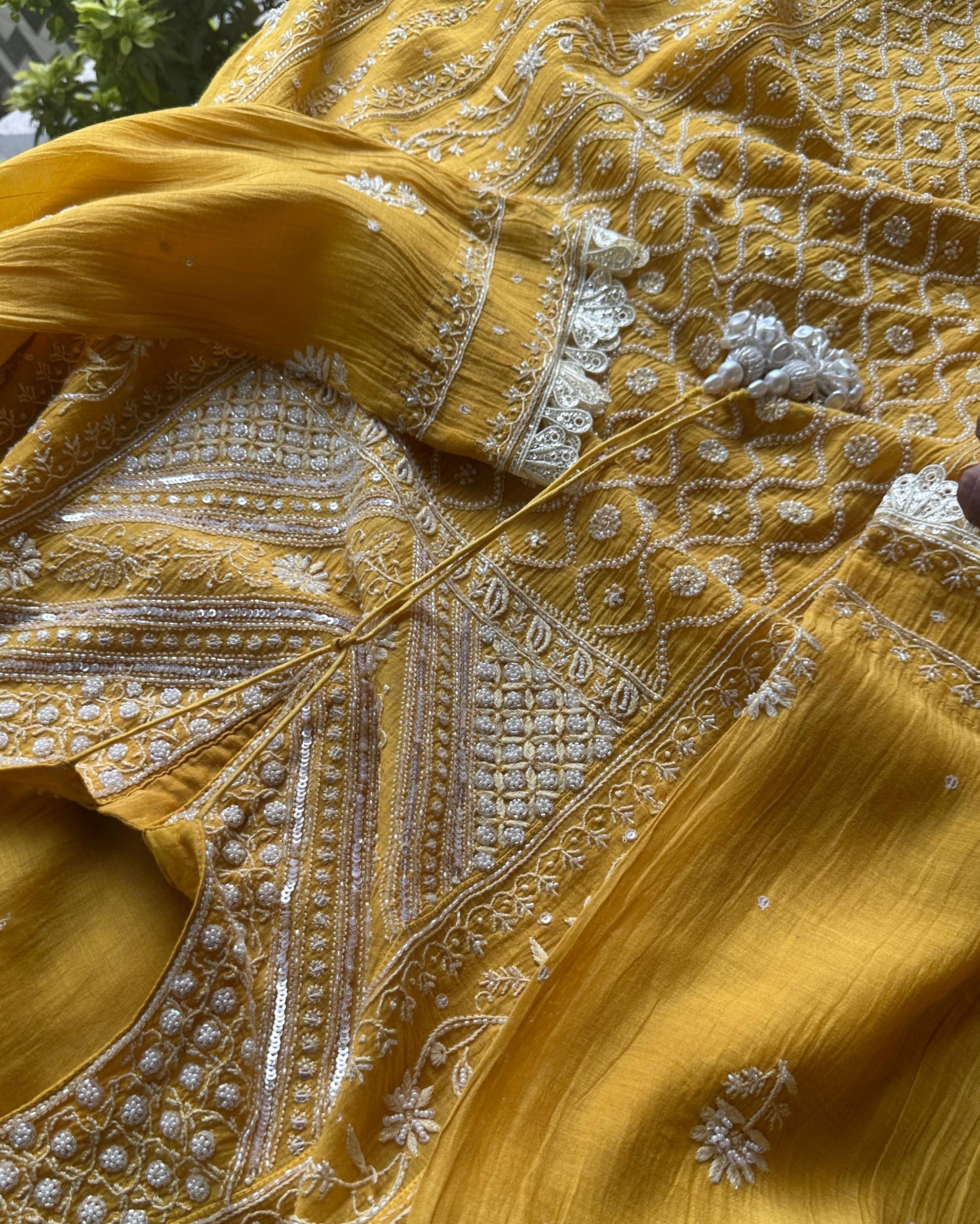 Yellow Malmal Pearl Work Chikankari Kalidar A Line Kurta With Dupatta