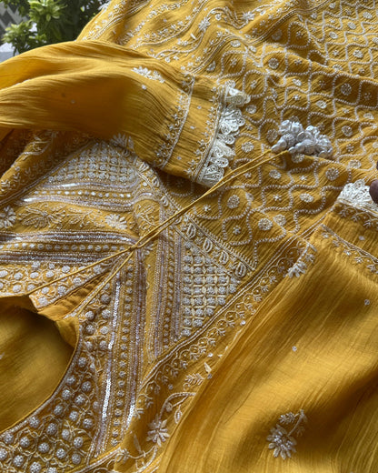 Yellow Malmal Pearl Work Chikankari Kalidar A Line Kurta With Dupatta
