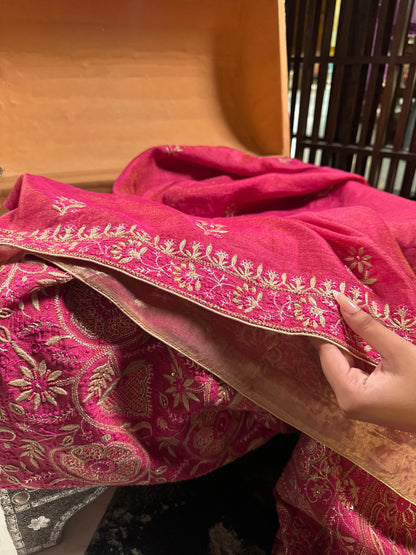 Hot Pink Tissue Silk Chikankari Unstitched Fabric