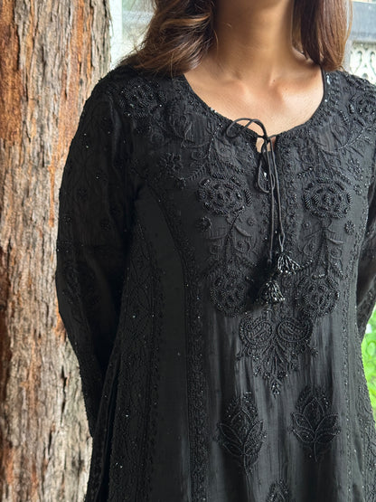 Black Malmal Pearl Work Chikankari A Line Kalidar Kurta With Dupatta