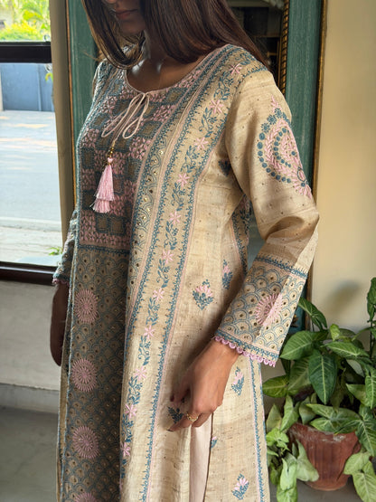 Basak Pink & Blue Natural Tussar Silk Kalidar Chikankari Kurta Set